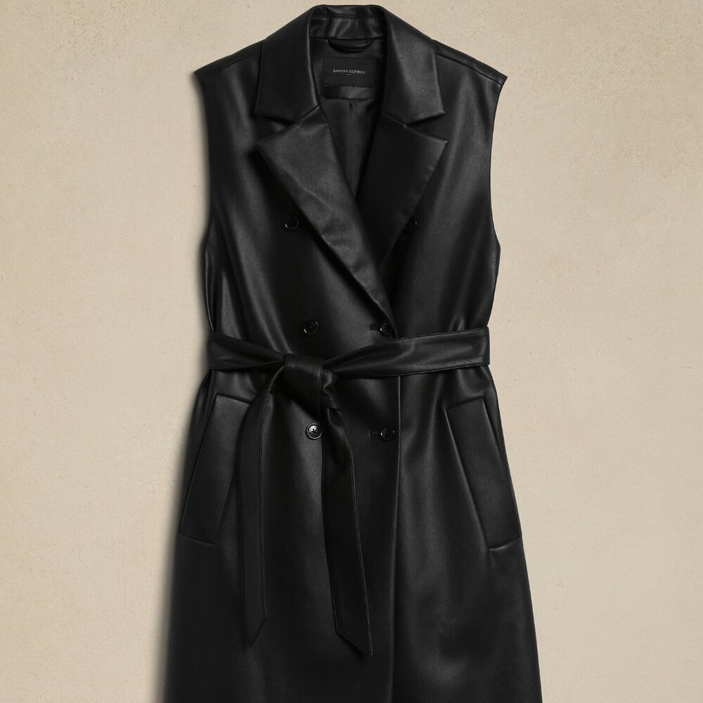 Vegan Sleeveless Leather Coat Vest trench double breasted Banana Republic